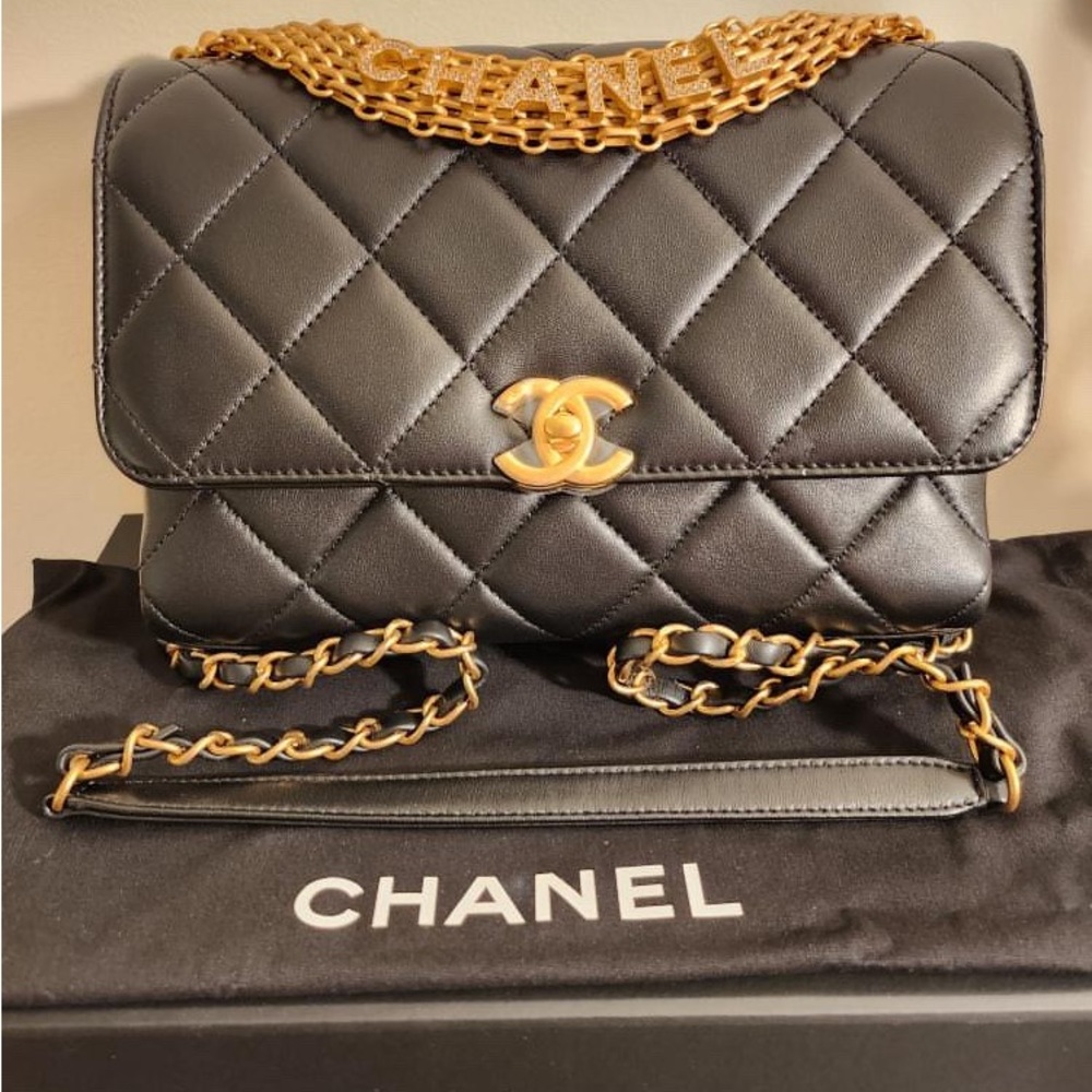 Chanel 2022 Chain strap Lambskin Small Flap Shoulder Bag Black Gold New